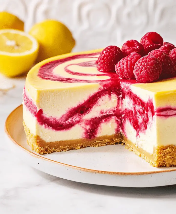 Lemon Raspberry Swirl Cheesecake Recipe - cookingwithjessica.com